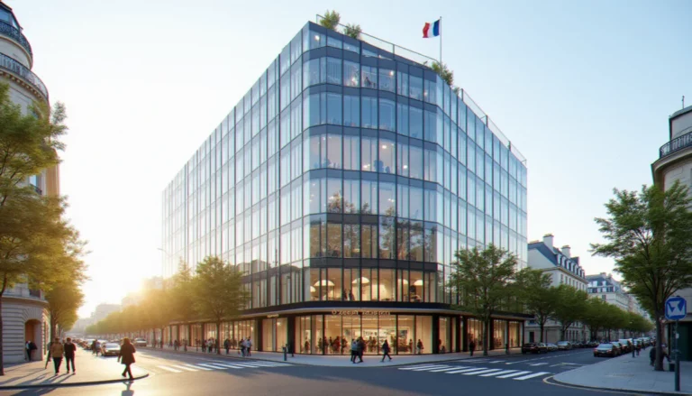 Façade du siège de Business France Contact situé avenue du Président Wilson à Paris, sous un ciel dégagé, avec drapeau français en façade