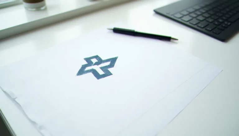 Vue plongeante sur un bureau épuré avec un croquis de logo en bleu foncé sur papier blanc, illustrant la création d'un business France logo en contexte professionnel