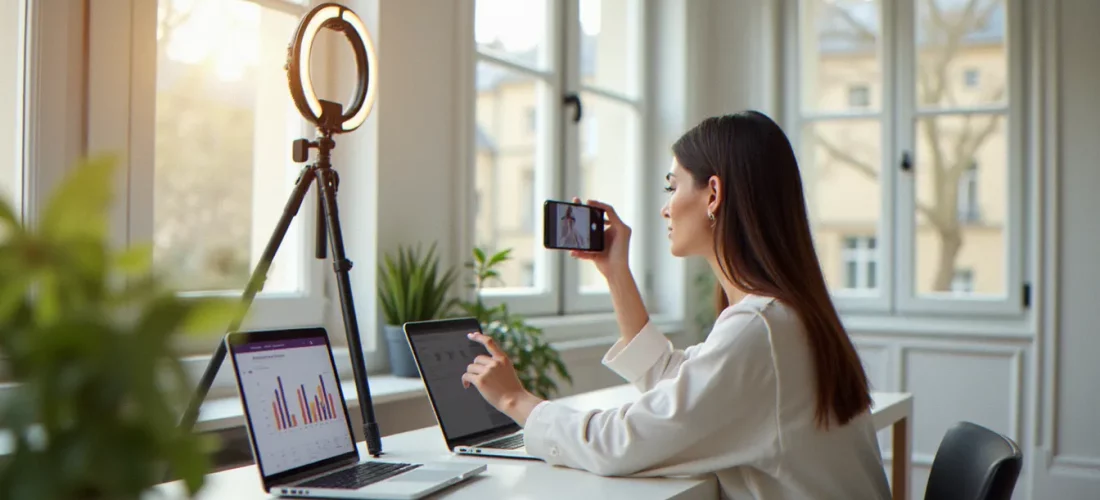 Jeune créatrice de contenu filmant une vidéo TikTok avec smartphone et anneau lumineux pour gagner des abonnés TikTok gratuit