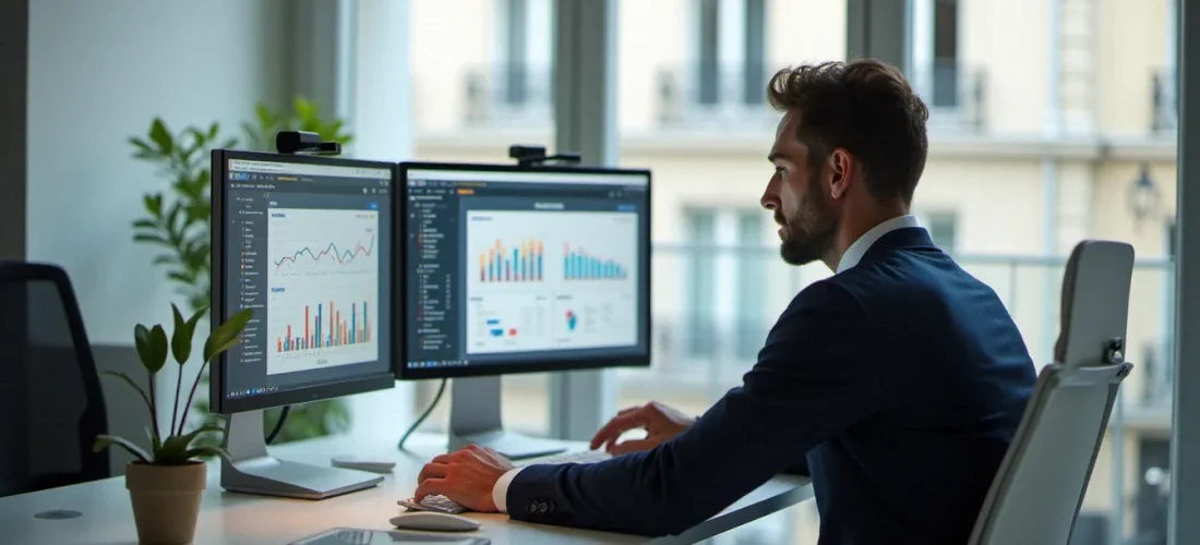 Consultant SEO analysant des tableaux de bord de référencement naturel dans un bureau parisien moderne, illustrant le travail d'une agence SEO Astrak