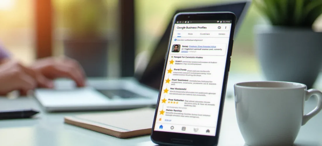 Smartphone affichant une fiche Google Business Profile avec des avis google cinq étoiles, posé sur un bureau professionnel moderne avec un ordinateur portable en arrière-plan