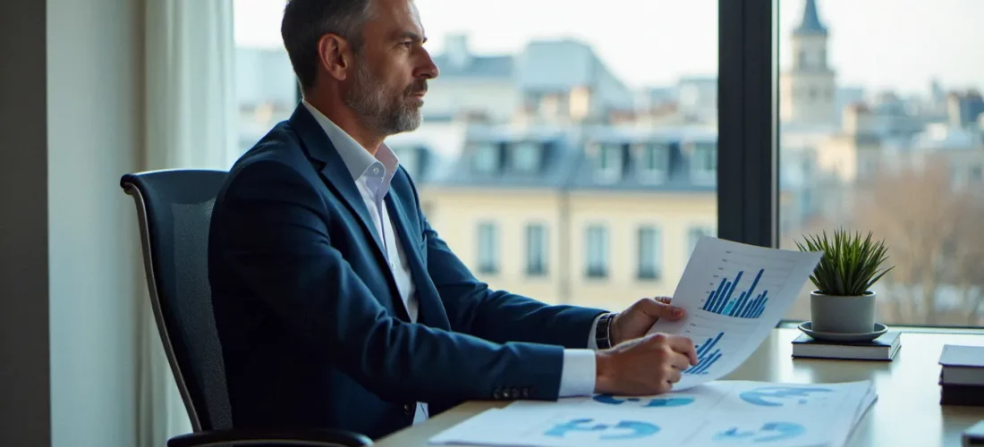 Entrepreneur en costume marine analysant des documents financiers dans un bureau moderne à Paris, illustrant la gestion d'un business avec 1 million d'euros