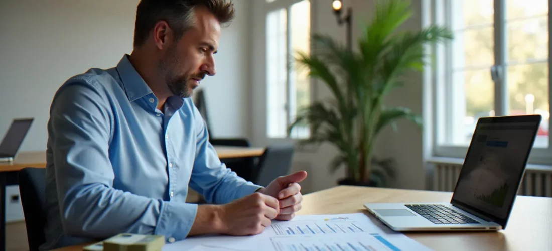 Entrepreneur analysant un plan d'affaires pour lancer un business avec 10000 euros dans un bureau moderne à Paris