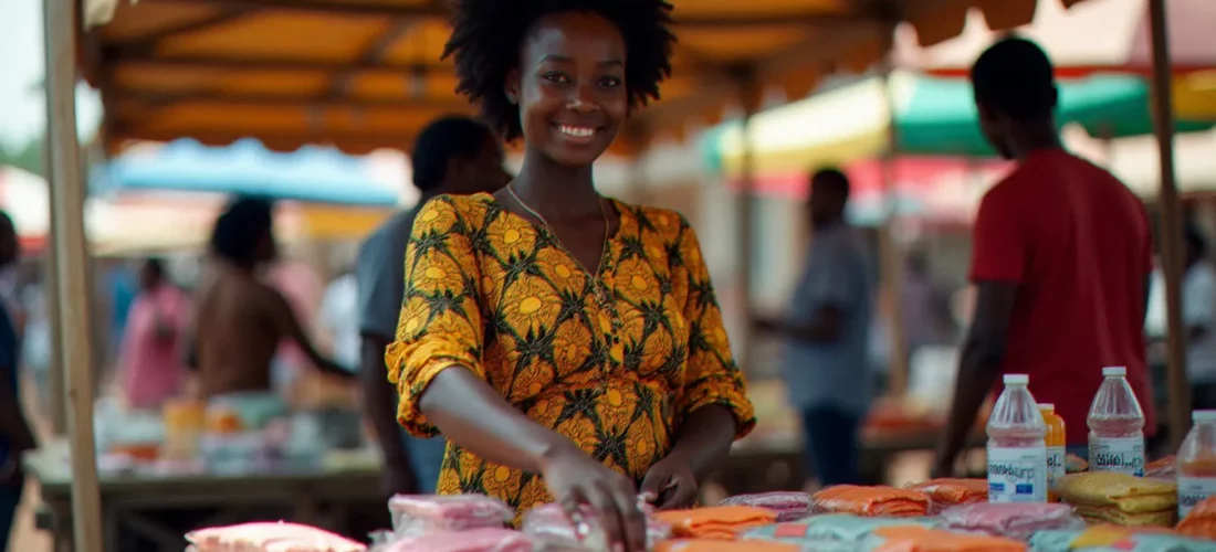 Jeune femme entrepreneurе africaine organisant des produits sur son étal de marché, illustrant un business avec 10000 FCFA lancé en milieu urbain