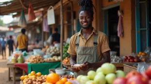 Jeune entrepreneur africain gérant son commerce de détail sur un marché urbain, illustrant le lancement d'un business avec 100.000 FCFA