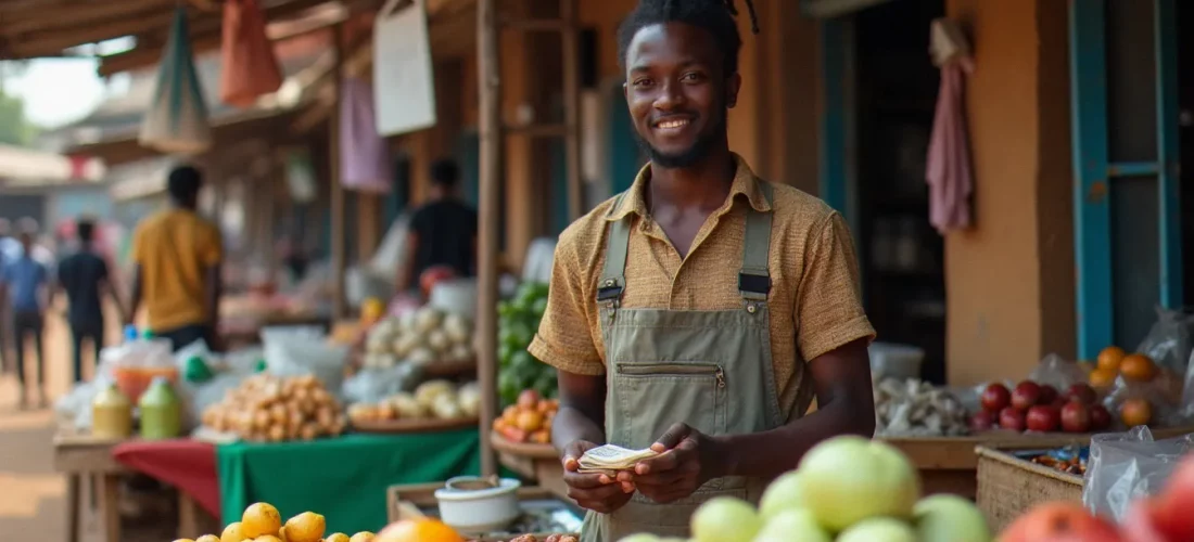 Jeune entrepreneur africain gérant son commerce de détail sur un marché urbain, illustrant le lancement d'un business avec 100.000 FCFA