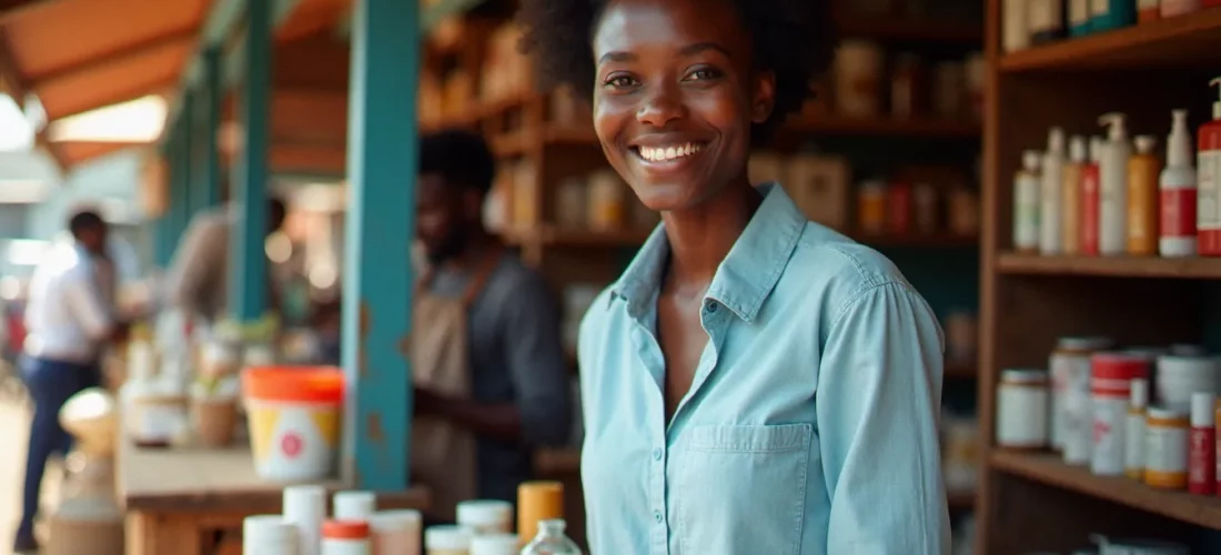 Jeune entrepreneur africain derrière un étal de marché bien organisé illustrant un business avec 100.000 FCFA