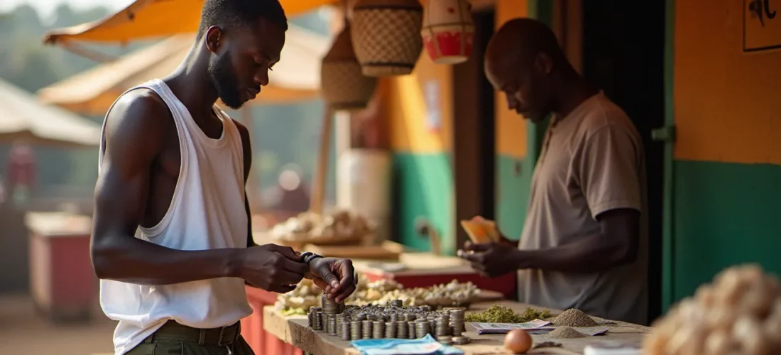 Un jeune entrepreneur africain comptant des billets de FCFA devant son étal de marché, illustration d'un business avec 50000 FCFA