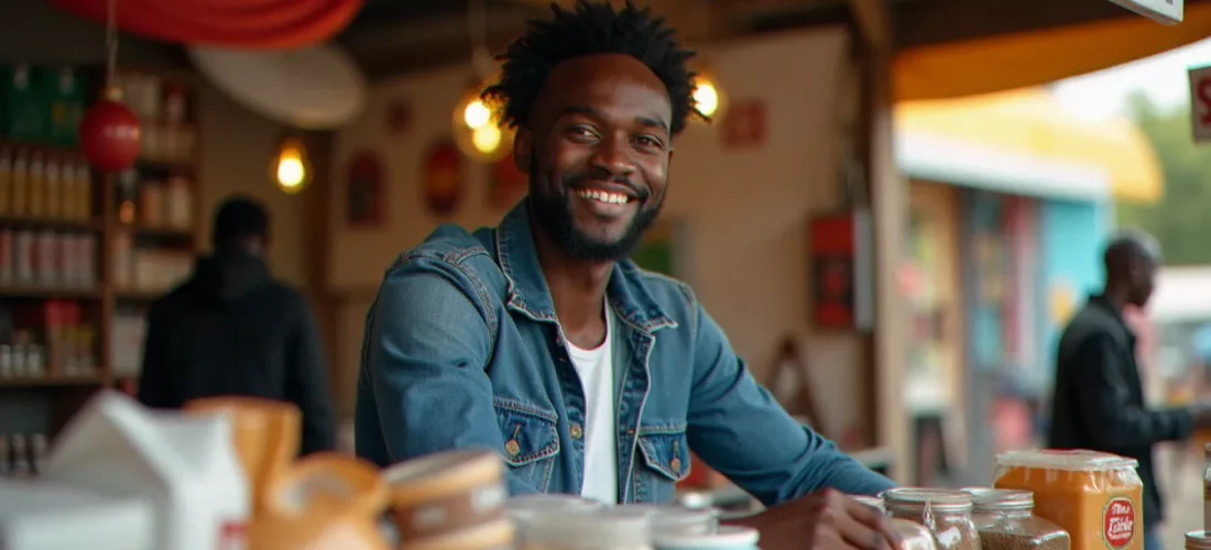 Entrepreneur africain présentant son étal de commerce dans un marché urbain, illustrant un business avec 500 000 FCFA lancé avec succès