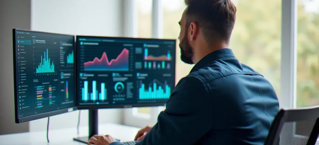 Consultant en business avec l'IA analysant des tableaux de bord sur ordinateur dans un bureau moderne parisien