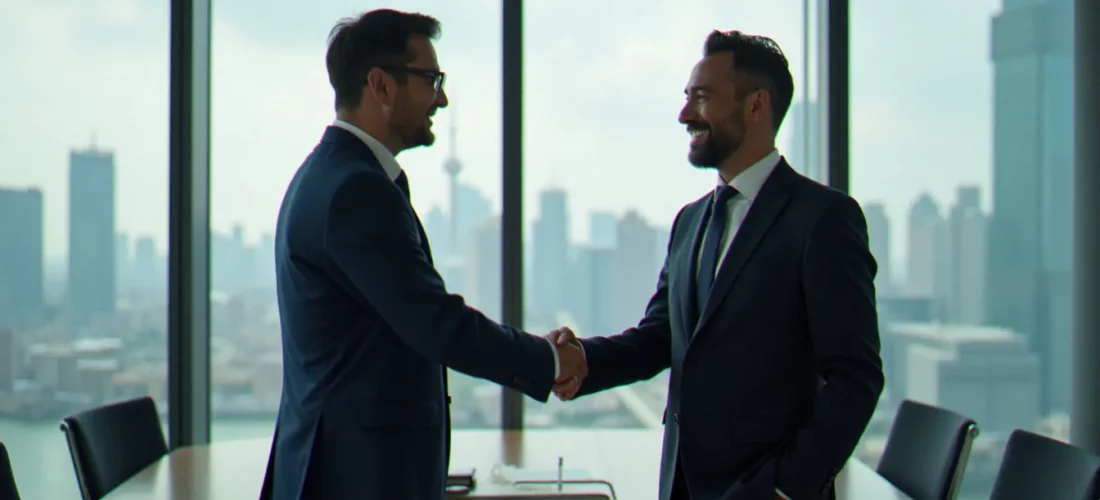 Poignée de main entre un dirigeant français et un partenaire chinois lors d'une réunion d'affaires à Shanghai, illustrant le business avec la Chine