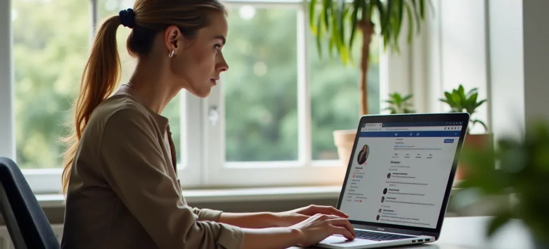 Une professionnelle gère les business comments on Instagram depuis son bureau moderne à Paris