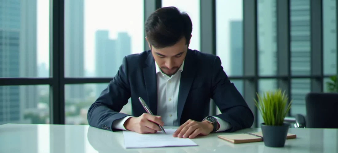Entrepreneur malaisien signant les documents de constitution d'un business efficace Sdn Bhd dans un bureau moderne de Kuala Lumpur