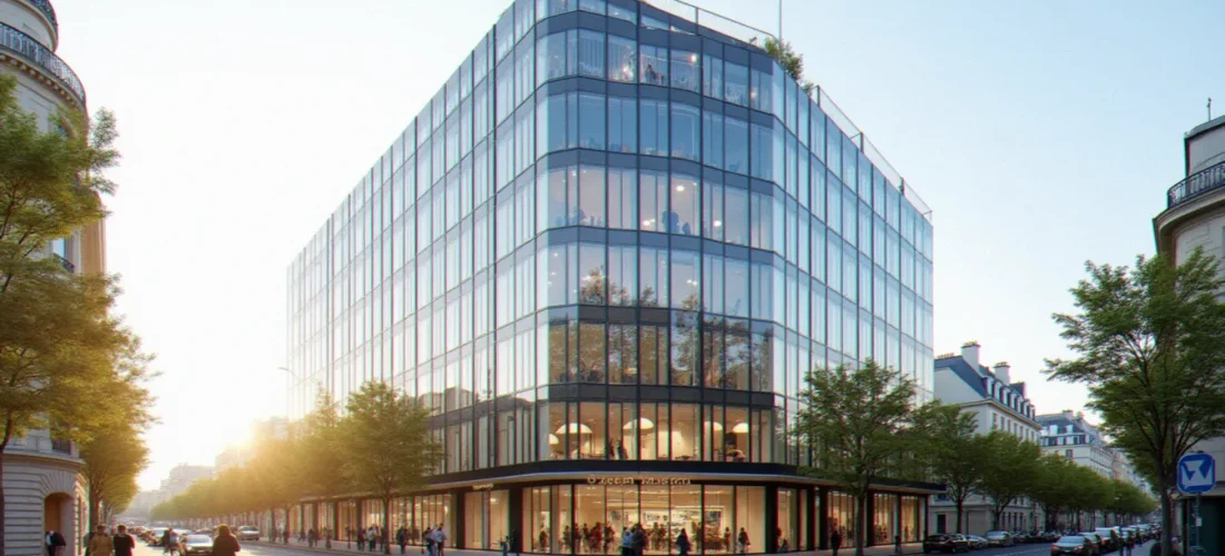 Façade du siège de Business France Contact situé avenue du Président Wilson à Paris, sous un ciel dégagé, avec drapeau français en façade