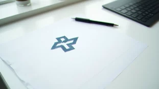 Vue plongeante sur un bureau épuré avec un croquis de logo en bleu foncé sur papier blanc, illustrant la création d'un business France logo en contexte professionnel