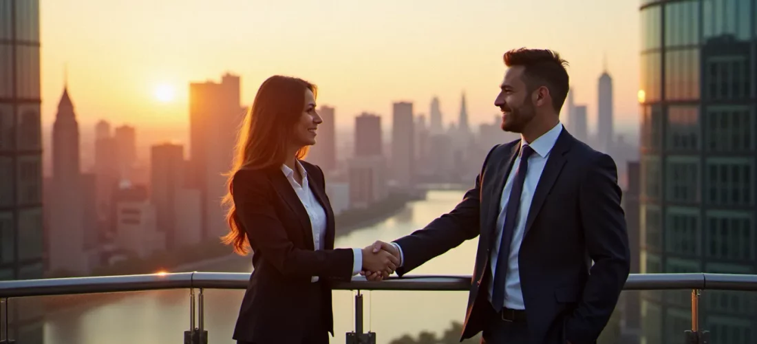 Vue aérienne de Manhattan au coucher du soleil avec deux professionnels en discussion d'affaires, illustrant le business France New York