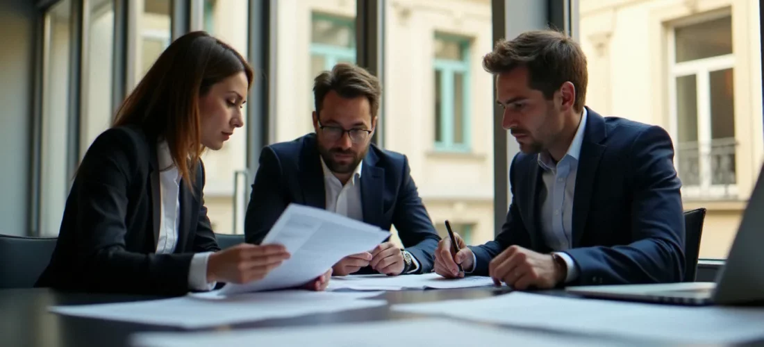 Réunion stratégique de professionnels dans un bureau parisien moderne illustrant les opportunités du business france offre d emploi et le développement international des entreprises françaises