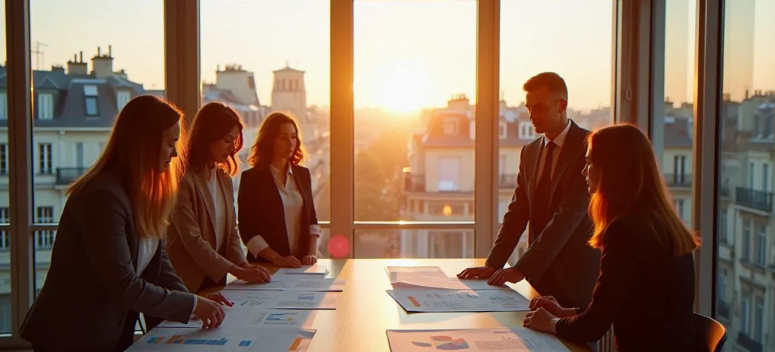 Équipe de dirigeants analysant les indicateurs du business France recrutement autour d'une table dans un bureau parisien