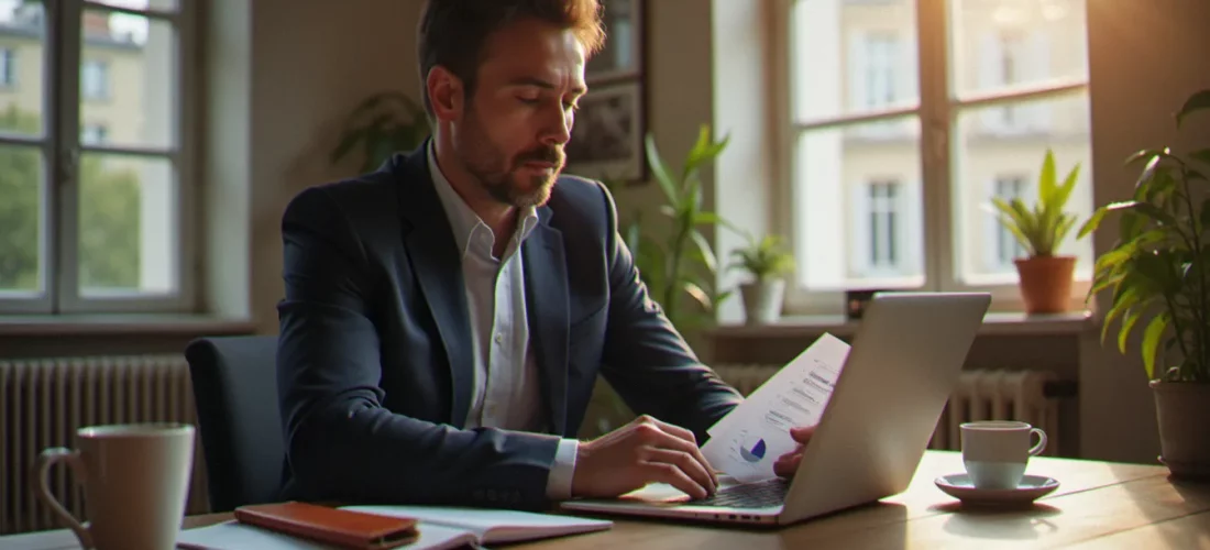 Un entrepreneur français consulte ses chiffres d'affaires dans son bureau parisien, illustrant le quotidien du business France Vie