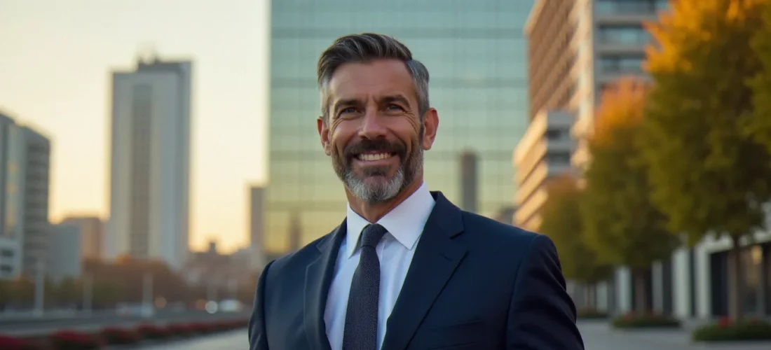 Un consultant professionnel en costume devant des immeubles de bureaux à Paris, illustrant les offres business France vie