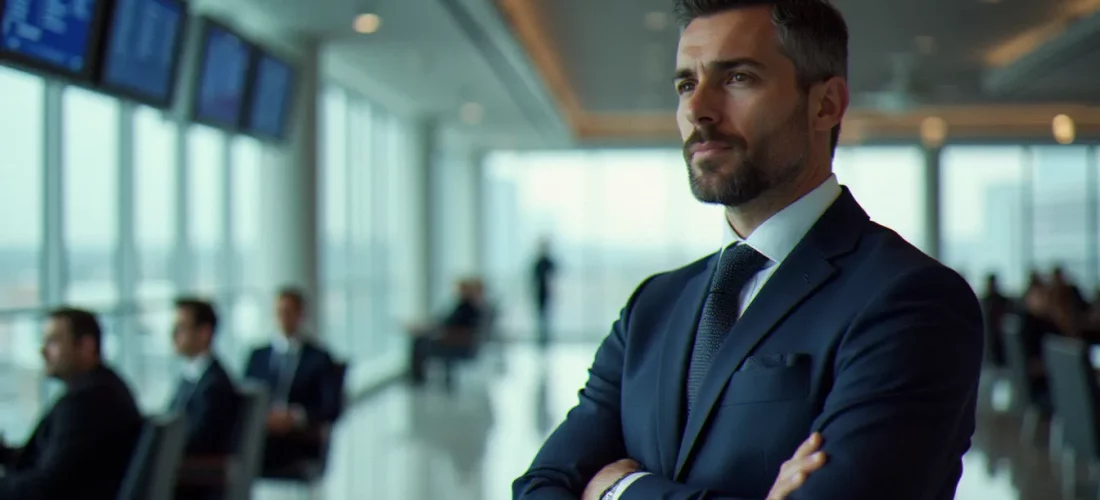 Dirigeant d'entreprise dans un salon business d'aéroport international, illustrant la gestion stratégique du business prix avion pour les professionnels