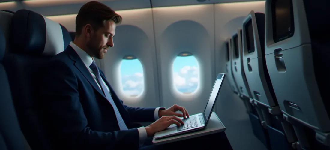 Cadre d'entreprise en classe business d'avion consultant des documents, illustrant les enjeux du business prix avion pour les déplacements professionnels