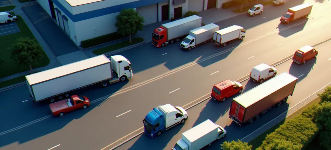 Vue aérienne d'entrepôts logistiques avec camions de transport alignés, illustrant le company guide Motor Town et la gestion d'une flotte de véhicules
