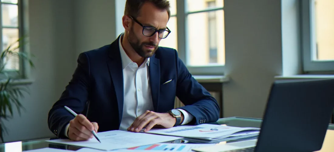 Consultant B2B en stratégie de content marketing analysant des documents éditoriaux dans un bureau parisien moderne lumineux
