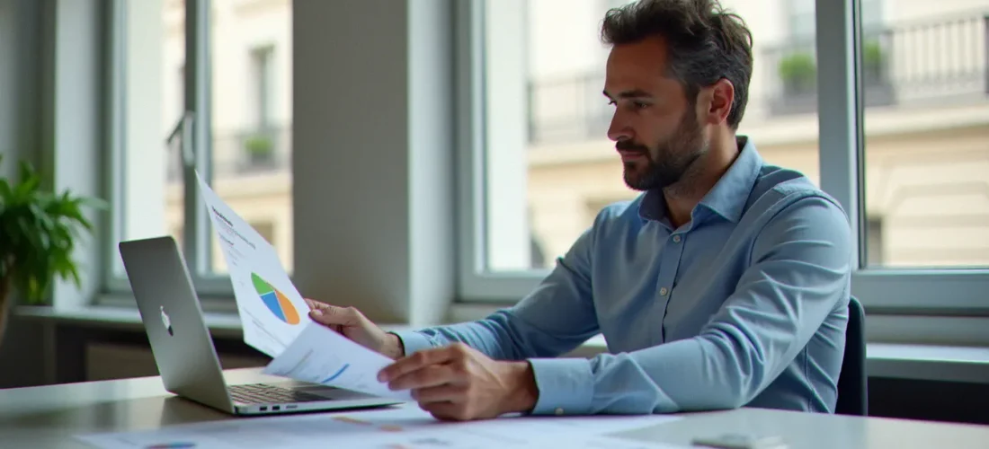 Consultant B2B analysant une stratégie de content marketing dans un bureau parisien moderne avec des documents éditoriaux et un dashboard analytique