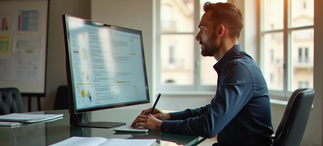 Un consultant B2B examine une stratégie de content marketing marketing sur un grand écran dans un bureau parisien moderne et lumineux