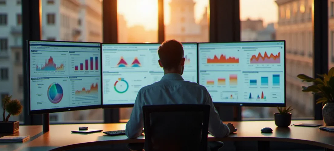 Consultant analysant des données d'expérience utilisateur et des heatmaps Contentsquare sur plusieurs écrans dans un bureau moderne parisien