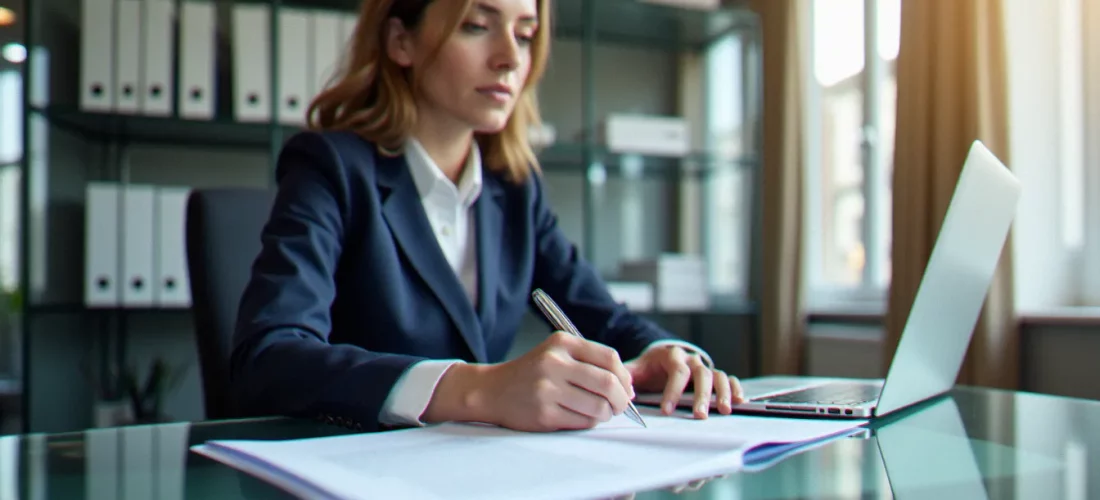 Consultant professionnel à Paris relisant attentivement un document institutionnel, illustrant l'enjeu de l'orthographe du mot corps avec ou sans s dans les communications B2B