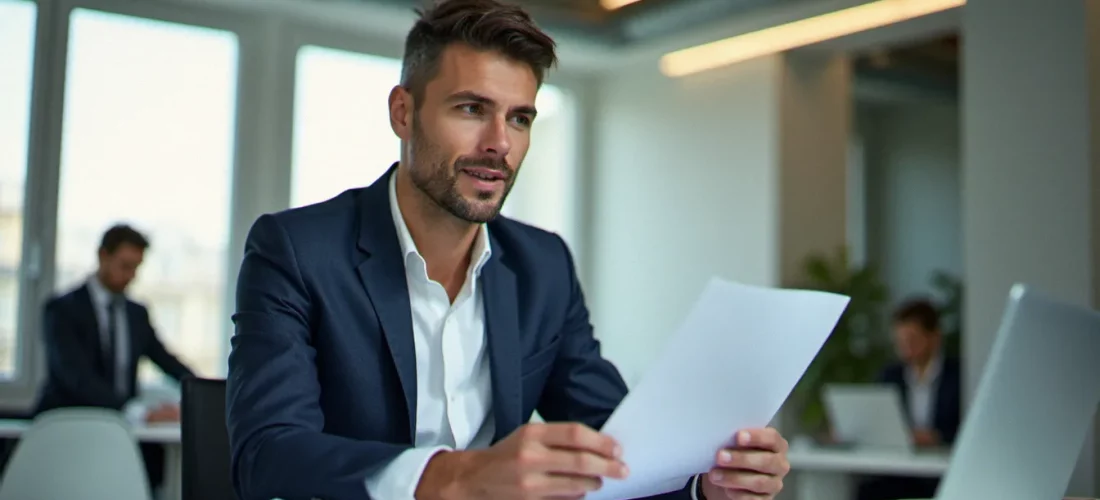 Professionnel en entreprise relisant un corp bio imprimé dans un bureau moderne parisien baigné de lumière naturelle