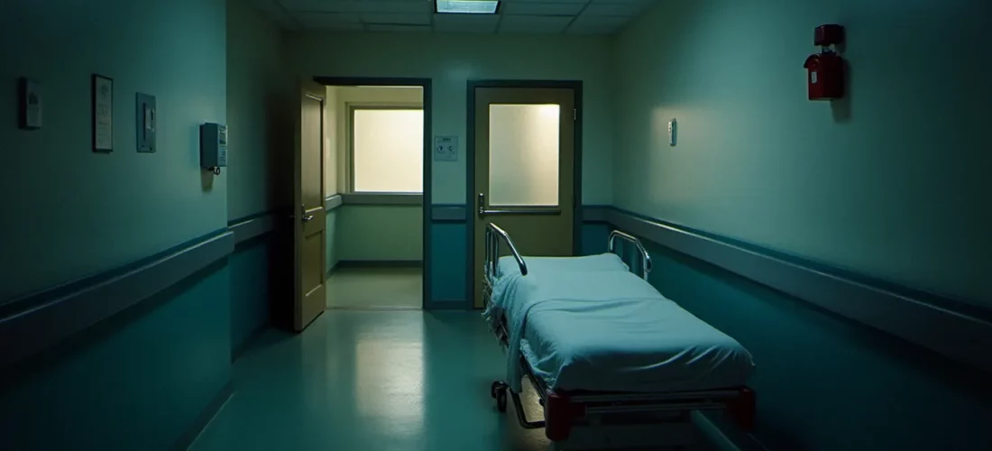 Couloir d'hôpital calme et éclairé sobrement, avec un brancard vide symbolisant la prise en charge d'un corp sans vie dans un cadre médical réglementé