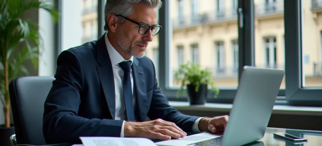 Consultant corporate analysant des documents de stratégie RH cadres dans un bureau parisien moderne, illustrant l'approche corporate APEC pour les dirigeants d'entreprise