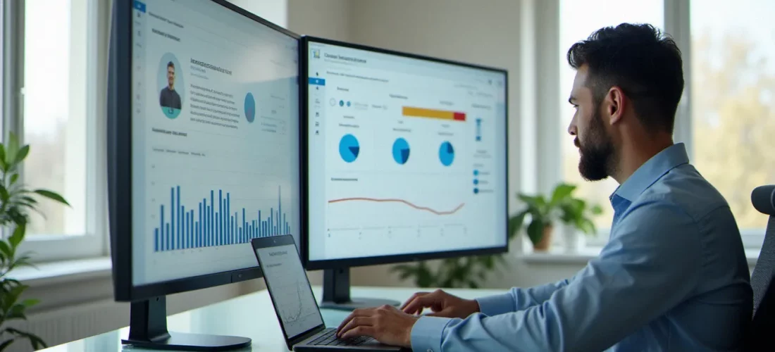 Consultant B2B analysant un corporate avis account sur un tableau de bord digital dans un bureau parisien moderne