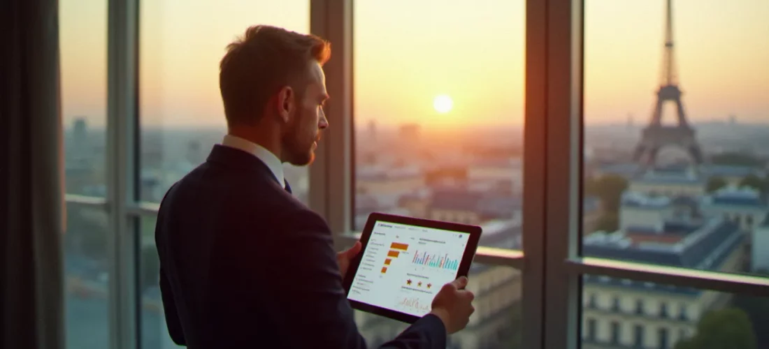 Dirigeant d'entreprise consultant son tableau de bord de corporate avis co in sur une tablette, avec vue panoramique sur Paris depuis un bureau moderne