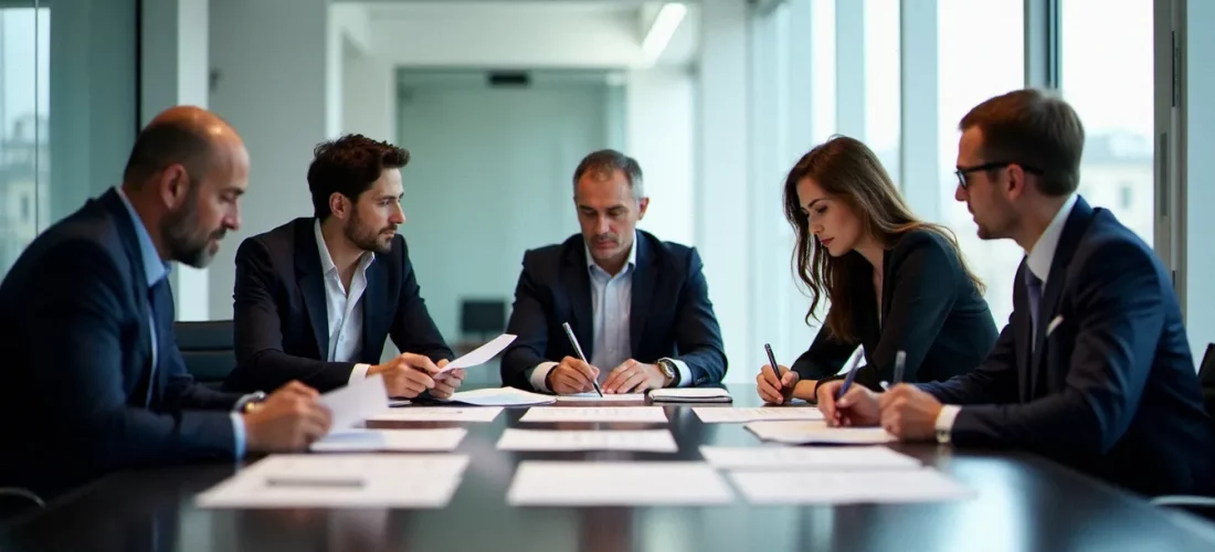Dirigeants d'entreprise réunis en conseil d'administration autour d'un tableau comparatif de codes de gouvernance corporate