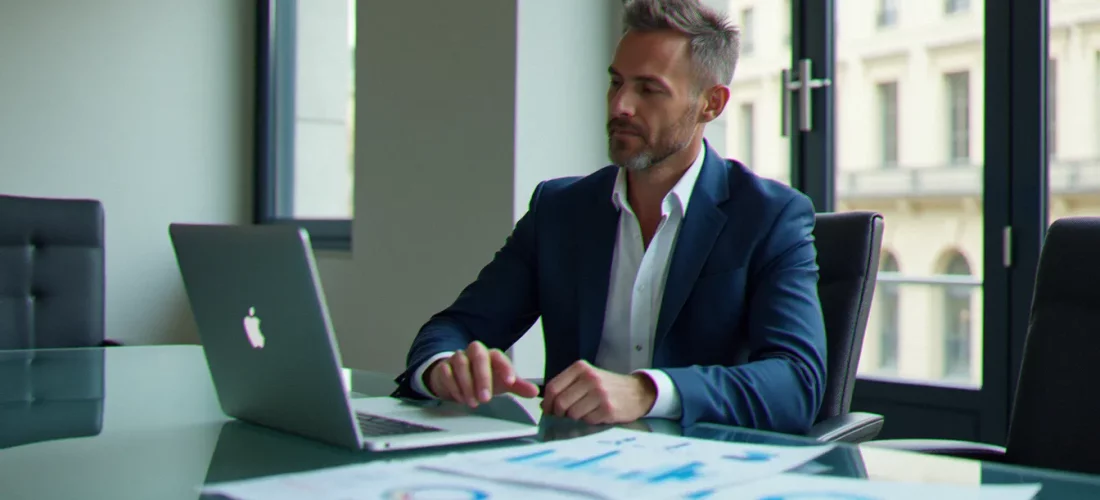 Consultant B2B analysant des corporate avis codes et rapports d'évaluation dans un bureau parisien moderne