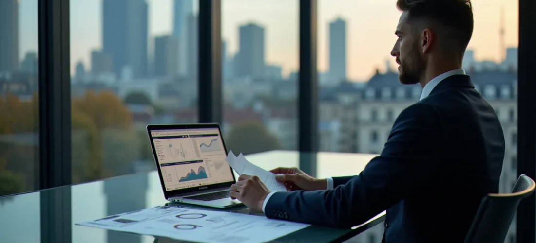 Un dirigeant d'entreprise analysant des données de remises corporate avis discount codes sur ordinateur dans un bureau moderne parisien