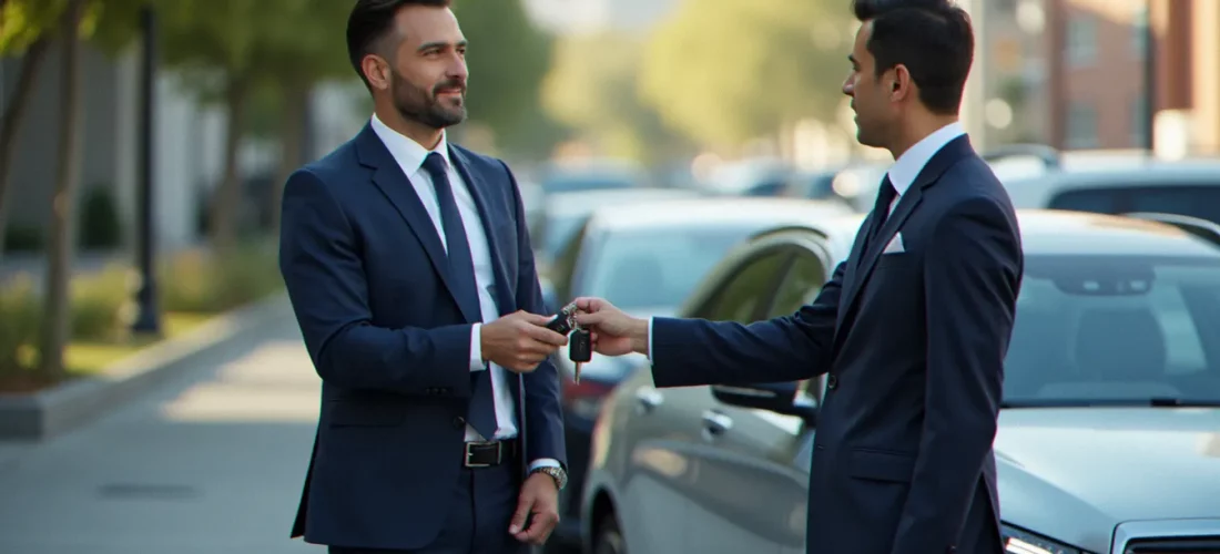 Un dirigeant d'entreprise remettant les clés d'un véhicule de location à un collaborateur dans le cadre d'un contrat corporate Avis Discount