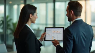 Deux professionnels en entreprise consultant un tableau de bord de corporate avis sur tablette dans une salle de réunion moderne