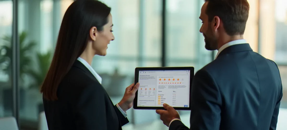 Deux professionnels en entreprise consultant un tableau de bord de corporate avis sur tablette dans une salle de réunion moderne