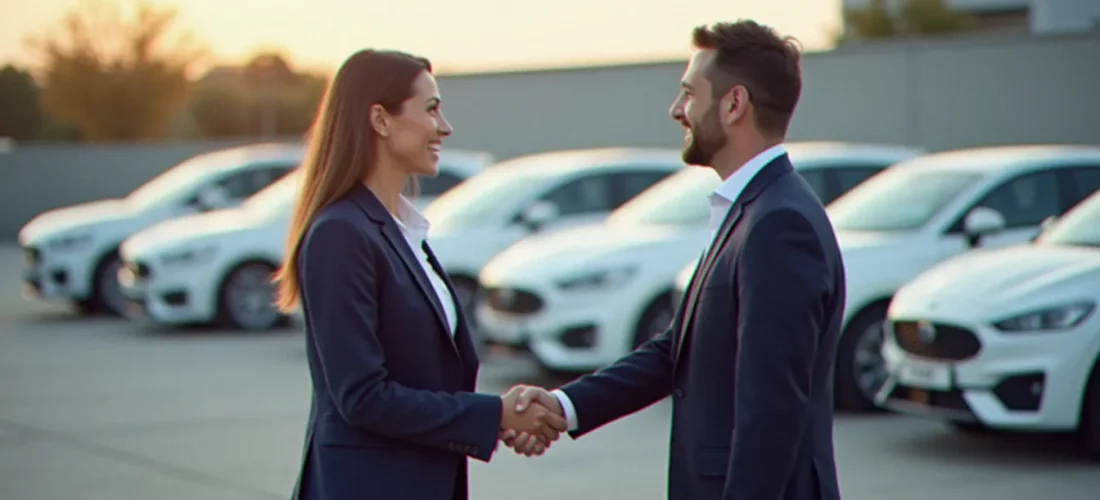 Dirigeante d'entreprise concluant un accord de corporate avis locations avec un gestionnaire de flotte devant une rangée de véhicules professionnels
