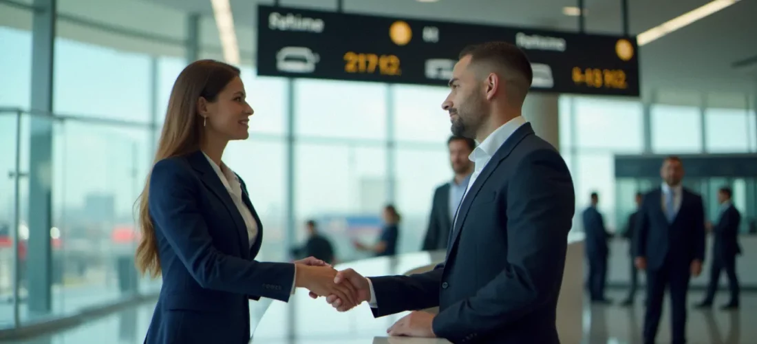 Une professionnelle en tenue corporate au comptoir de location de véhicules d'un aéroport, illustrant l'utilisation d'un corporate avis number pour une réservation d'entreprise