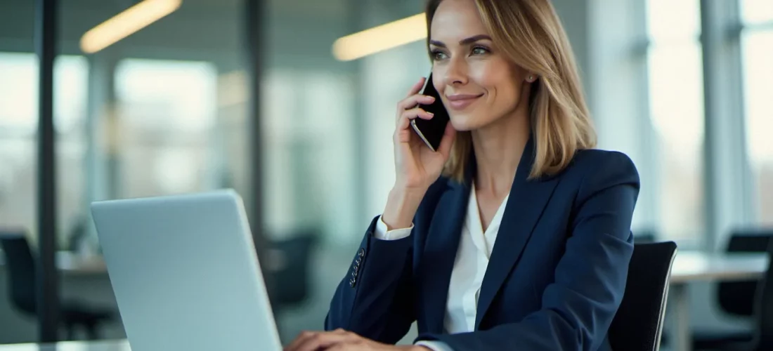 Professionnelle en entreprise contactant le service corporate avis phone number depuis son bureau moderne