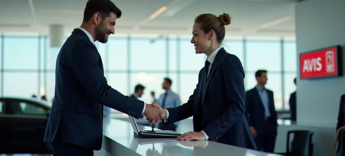 Un cadre en costume récupérant les clés d'un véhicule dans le cadre d'un programme corporate Avis rental car dans un aéroport moderne