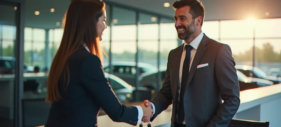 Un cadre d'entreprise récupérant les clés d'un véhicule auprès d'un agent dans une agence de corporate avis rental moderne et lumineuse