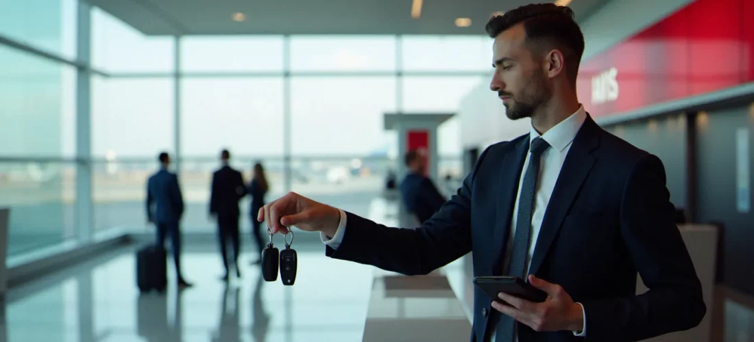 Un voyageur d'affaires récupère les clés d'une voiture de location au comptoir d'un grand aéroport international, illustrant l'usage du corporate Avis worldwide discount number