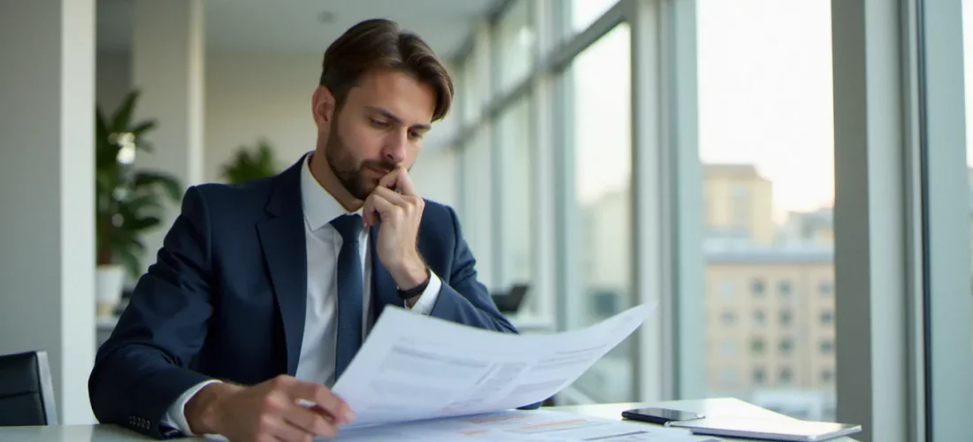 Professionnel en costume lisant des exemples de corporate bio sur des documents imprimés dans un bureau moderne à Paris